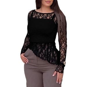CHICME Womens Long Sleeve Mesh Top Round Neck Lace Floral See Through Blouses Casual Asymmetrical Shirt (Without Tank) (Black, S)
