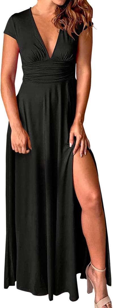 Women's Deep V Neck Short Sleeve Long Dresses Pleated High Waist Slit Club Party Evening Maxi Dress Side Panel Dress, L