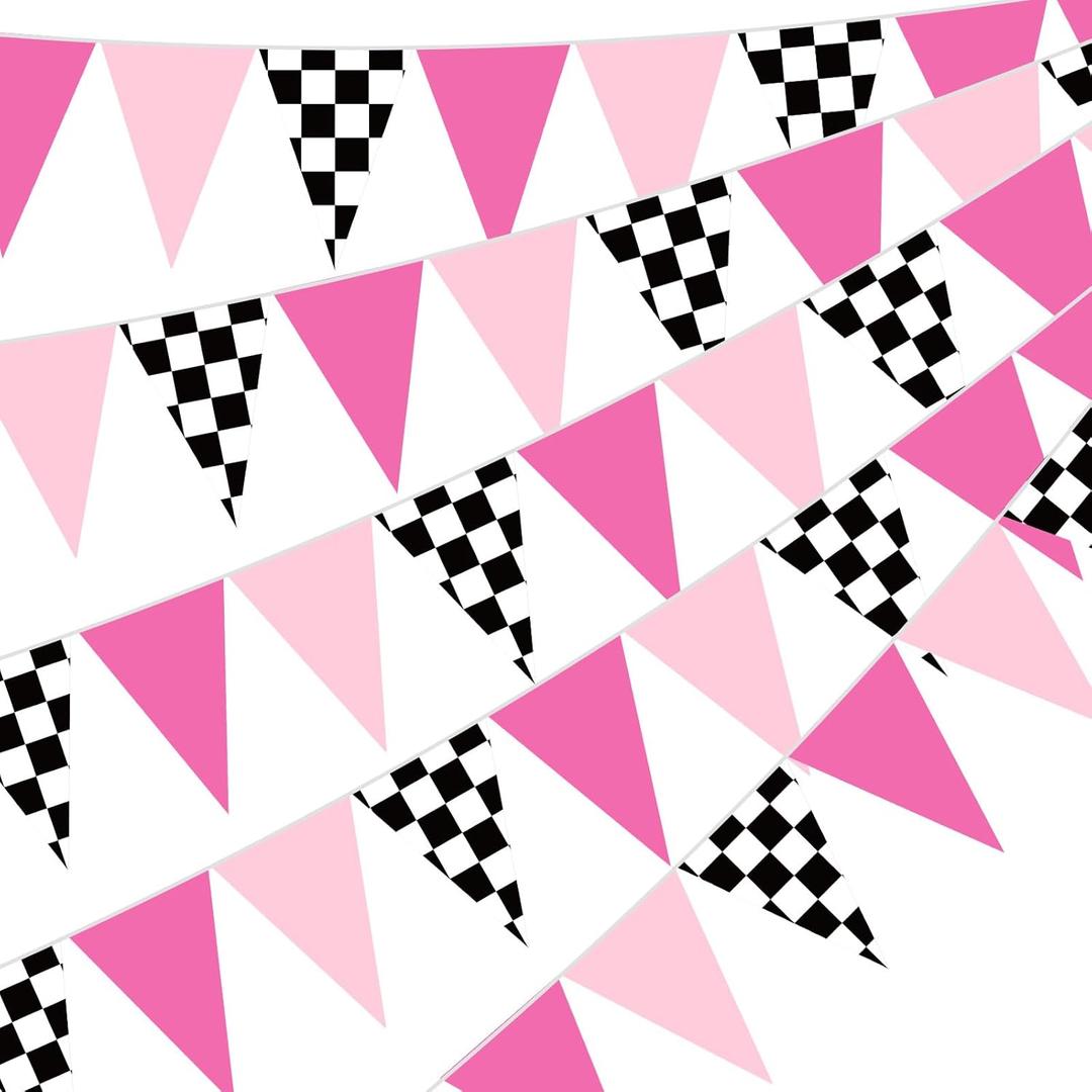 5 Pcs Racing Car Party Decorations Pink Black Checkered Triangle Flags Pennant Banner Race Car Garland Streamers for Girls Race Themed Birthday Baby Shower Outdoor Party Supplies