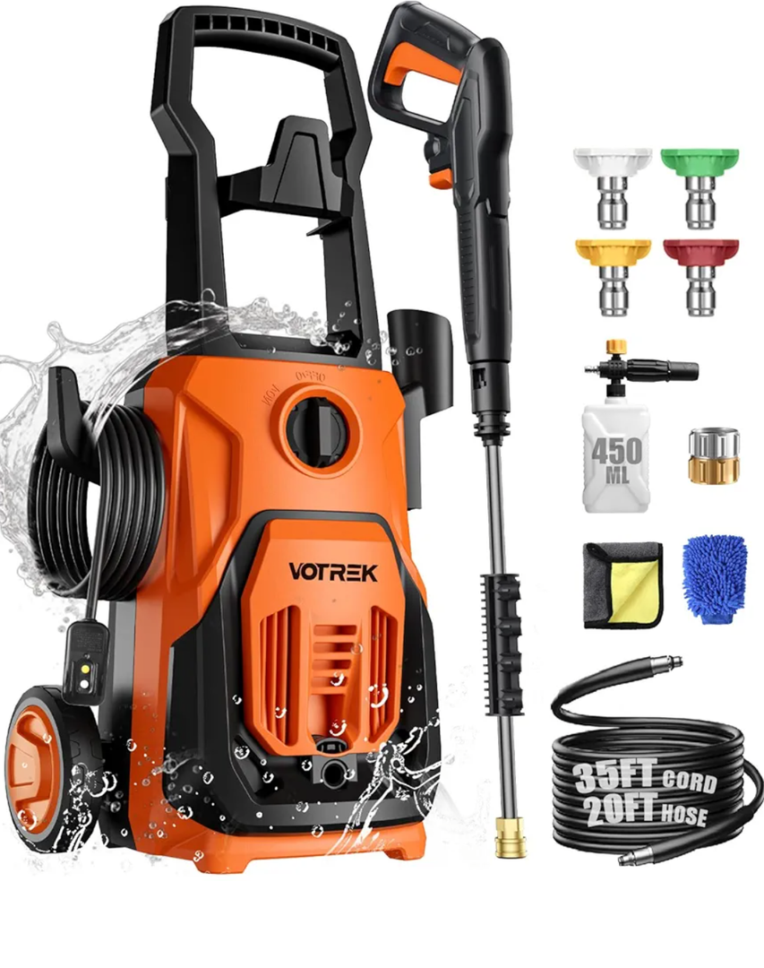 VOTREK Electric Pressure Washer, 2.1GPM [Real] Power Washers with Foam Cannon 55FT Total Reach [Upgrade], Portable Powerwasher Hose Reel with 4 Nozzles - Car, Patio, Fences, Deck, Driveway & Home Cleaning