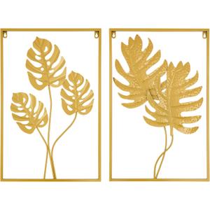 2pcs Wall Decorations Gold Iron Leaf Wall Hanging Home Decor with Frame for Bedrooms Staircases Kitchens Corridors (Monstera Leaf, Philodendron Selloum)