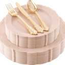 DaYammi 150Pcs Pink Plastic Plates & Gold Plastic Silverware,Pink Disposable Plates for Party Include 30 Dinner Plate,30 Dessert Plate,30 Gold Forks and 30 Spoons, 30 Knives for Wedding Bridal Shower