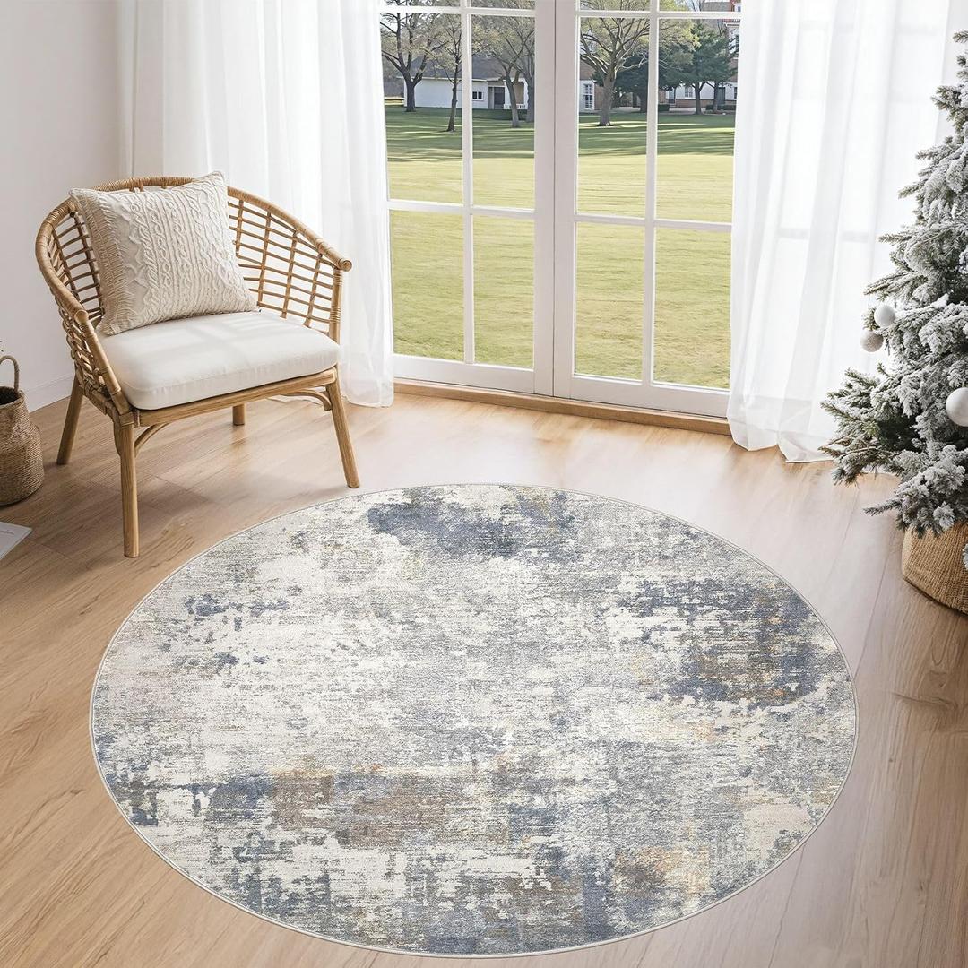 4ft Round Area Rug Living Room Rugs - 4x4 Washable Neutral Modern Abstract Soft Thin Rug Indoor Floor No Slip Rug Carpet for Bedroom Under Dining Table Home Office Decor - Blue Grey