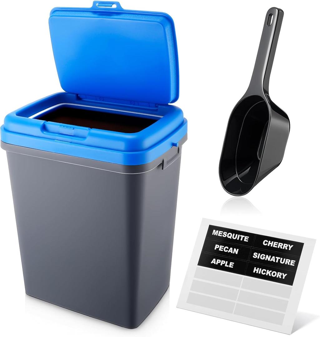 Kathfly Dry Pellets Storage Bin with Locking Lid, 16 lb Capacity Wood Pellets Container with Flavor Stickers Includes Scoop, Stackable Design, Sealed Storage for BBQ