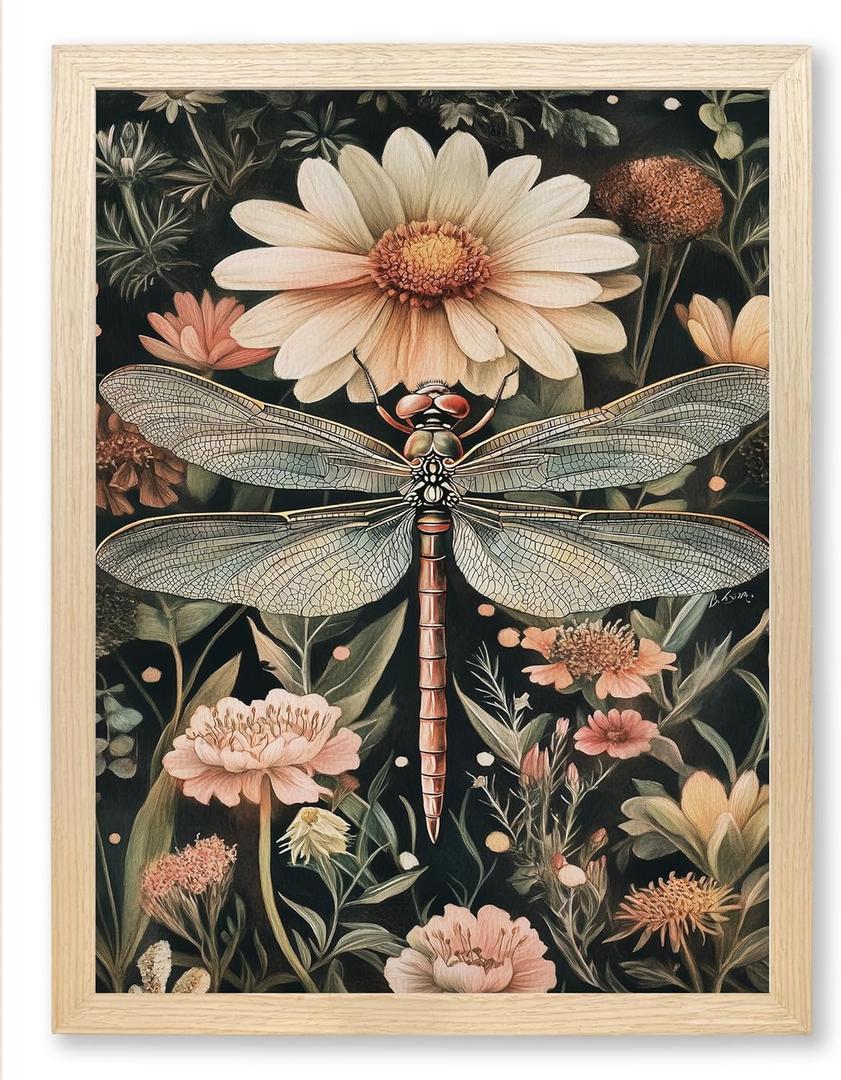CXVU William Morris Animal Wall Art Prints with Natural OAK Wood Frame, Vintage Botanical Floral Dragonfly Wall Art Pictures for Living Room Bedroom Home Decor Animals Pictures Decor 12"x16"