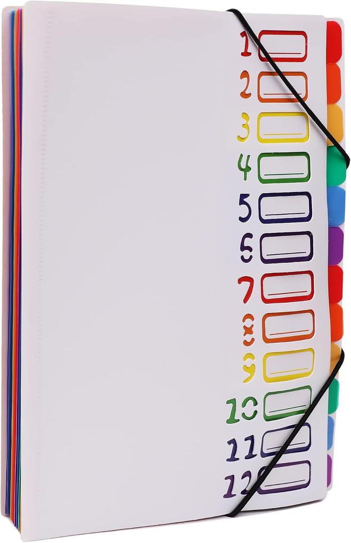 Rainbow Tab Expanding File Folder - 24 Pockets, Durable A4 Letter Size Organizer, Water-Resistant Plastic Dividers, Home/Office/School Document Holder (White