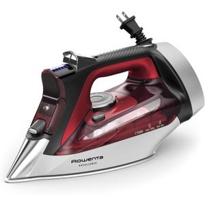Rowenta Iron, Focus Excellence Stainless Steel Soleplate Steam Iron for Clothes, Retractable Cord, 400+ Microsteam Holes, Powerful steam, LED Display, 1750 W Ironing Clothes, Cordreel, Red DW5433