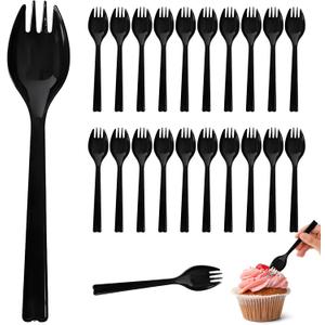 100Pcs Long Handle Plastic Spork, 6.3Inch Large Disposable Utensils, Heavy Weight Black Fork Spoon Combo for Appetizer, Catering, School Lunch, To-Go & Party Use