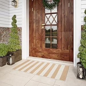 LEEVAN Outdoor Porch Rug 24"x51", Washable Front Door Mat, Spring Plaid Welcome Mat Outside Entrance, Tan and White Striped Outdoor Entryway Rug, Farmhouse Buffalo Porch Layered Doormats Entry