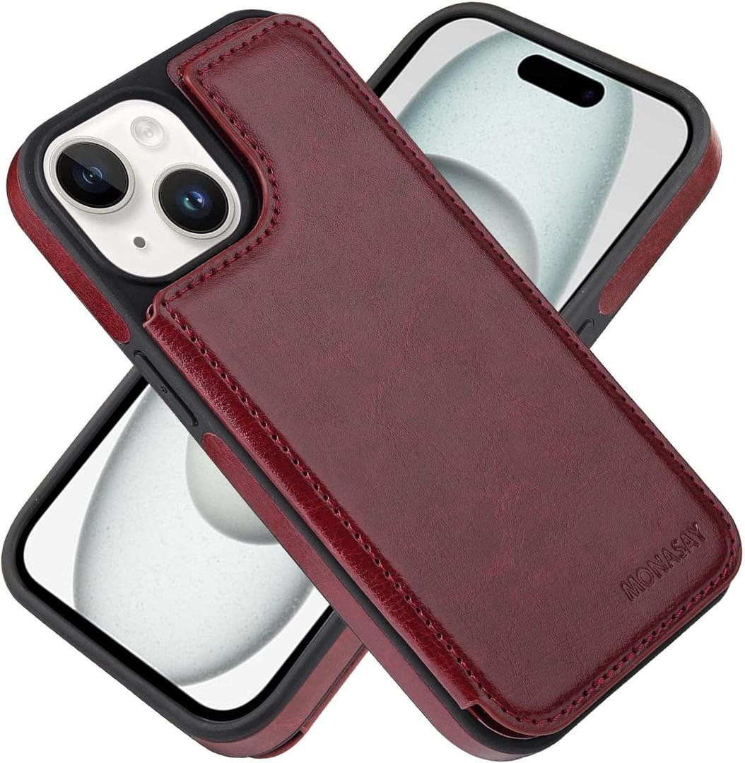 MONASAY Flip Wallet Case Compatible for iPhone 15 5G, [Glass Screen Protector Included] [RFID Blocking] Leather Cell Phone Cover with Credit Card Holder and Magnetic Clasp, Burgundy