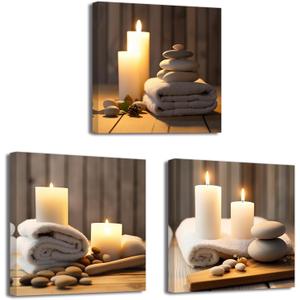 LZIMU Zen Canvas Wall Art 3 Panels Stone Candle and Bath Towel Picture Prints for SPA Meditation Room Bathroom Decor Framed (Zen-1, 12"x12"x3P)