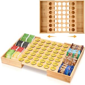 SiliFine Bamboo Pod Holder Compatible with K Cup, 42 Pod Capacity Drawer Organizer, Expandable Coffee Capsules Storage for Tea Bags, Espresso Capsules, Home Office Kitchen Accessories
