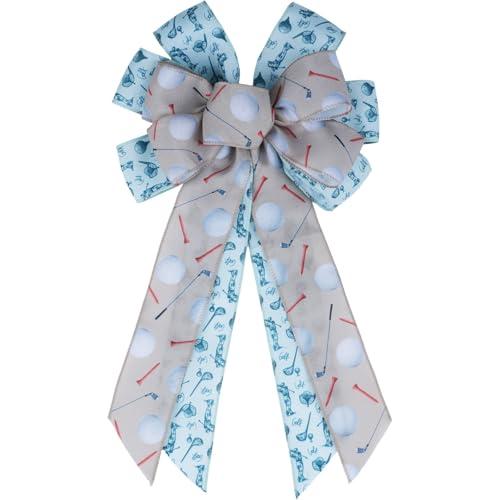 YKW Golf Burlap Bow for Wreaths 11.42" x 20.87", Golf Ball & Club Linen Door Decoration, Rustic Sports Home Decor, Gift for Golfers, Outdoor Pattern Wall Hanger