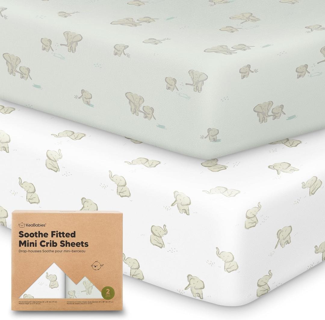 2-Pack Mini Crib Sheets Fitted - 38x26 Pack N Play Sheets for Pack and Play Mattress, Organic Cotton, Soft & Breathable Playard Bedding, Neutral Mini Toddler Bed Cover for Boys, Girls (Elly)
