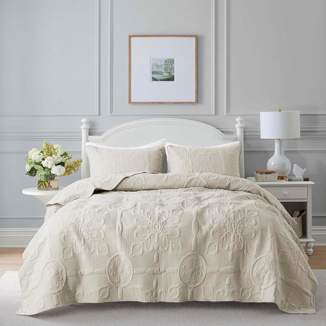 Light Beige Damask Quilt Queen Size Bedding Sets with 2 Pillow Shams, Boho Bedspread Lightweight Soft Farmhouse Vintage Bohemian Coverlet Retro Jacquard Pattern Bed Cover for All Season, 3 Pieces (Wheat)