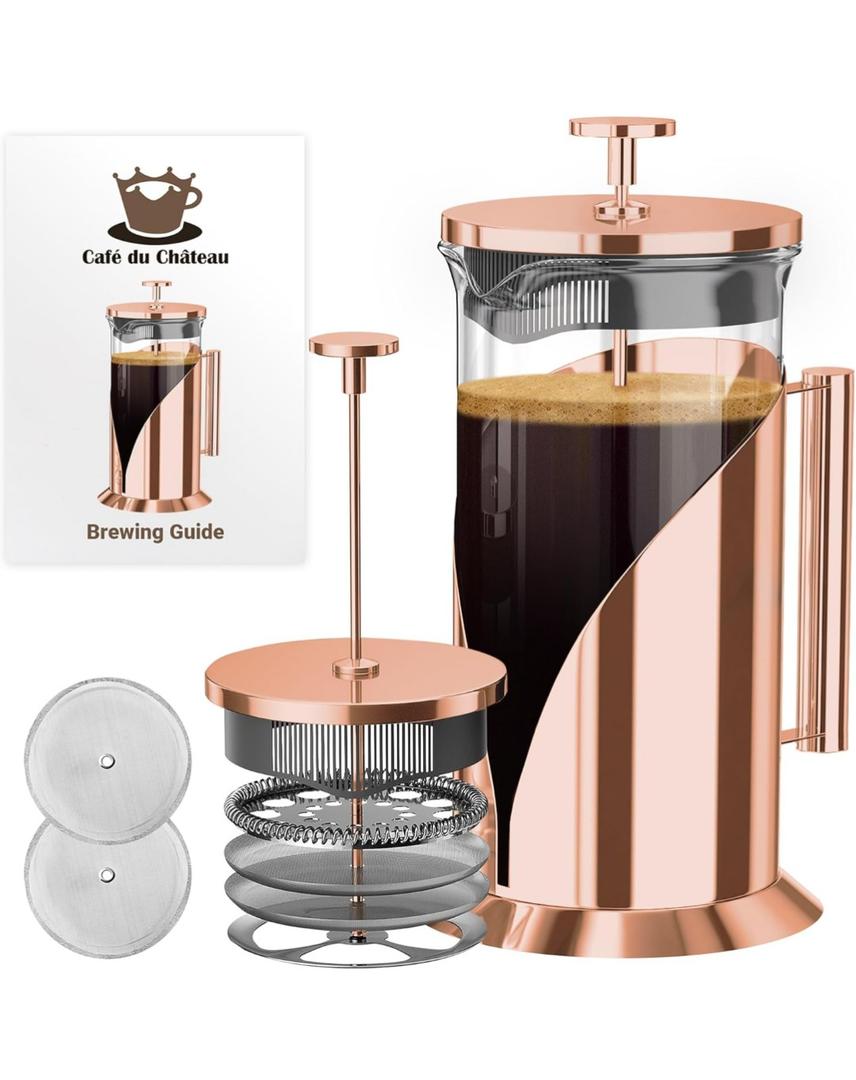 Cafe Du Chateau Stainless Steel French Press Coffee Maker 34 oz - Easy to Use Insulated Coffee Press with 4-Level Filtration, Manual Brewer for Tea, Camping & Travel with BPA Free, Durable Clear Glass