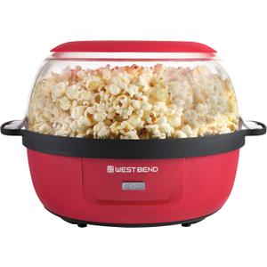 West Bend Stir Crazy Hot Oil Popcorn Popper, Popcorn Maker Machine with Large Serving Bowl Lid and Stirring Rod, 6-Qt., Red