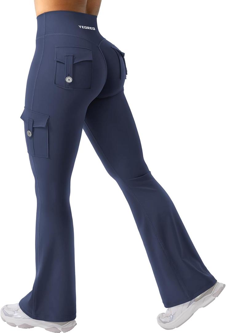 YEOREO CoreFlex Women Workout Flare Leggings with Pockets Hidden Scrunch High Waisted Cargo Gym Yoga No Front Seam Leggings (Small, Navy)