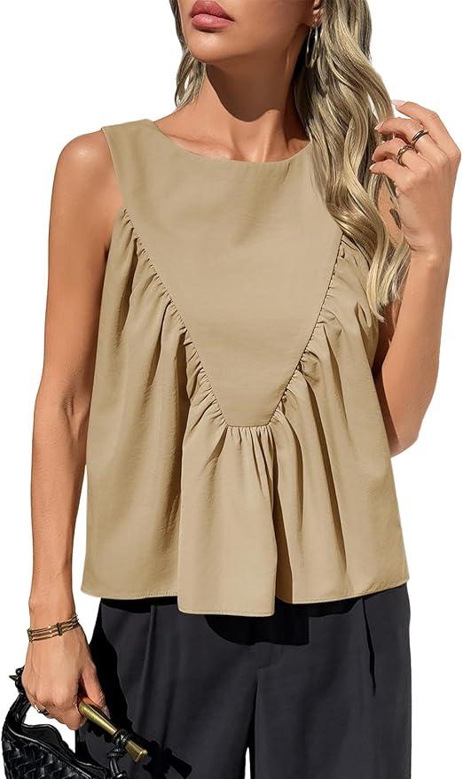 Womens Peplum Babydoll Tank Tops Summer Sleeveless Loose T Shirts Casual Shirred Flowy Tops,  M