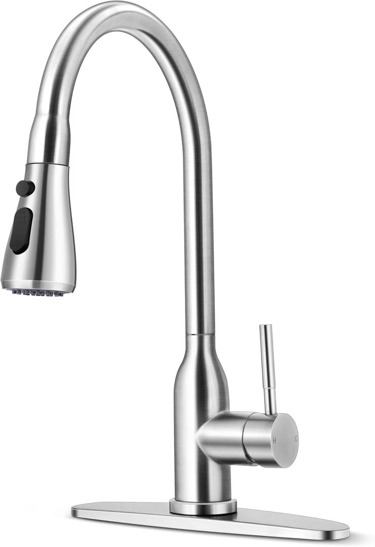 Herogo Kitchen Sink Faucets with Pull Down Sprayer Brushed Nickel, Stainless Steel High Arc Single Level Pull Out Faucets with Deck Plate for Farmhouse Laundry Rv Utility Wet Bar