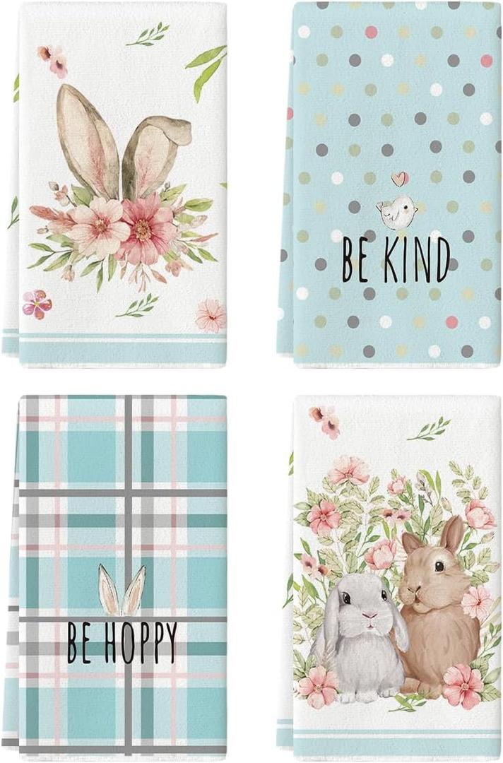 Artoid Mode Light Blue Stripe Polka dots Rabbit Bunny Easter Kitchen Towels Dish Towels, 18x26 Inch Seasonal Spring Decoration Cleaning Set of 4