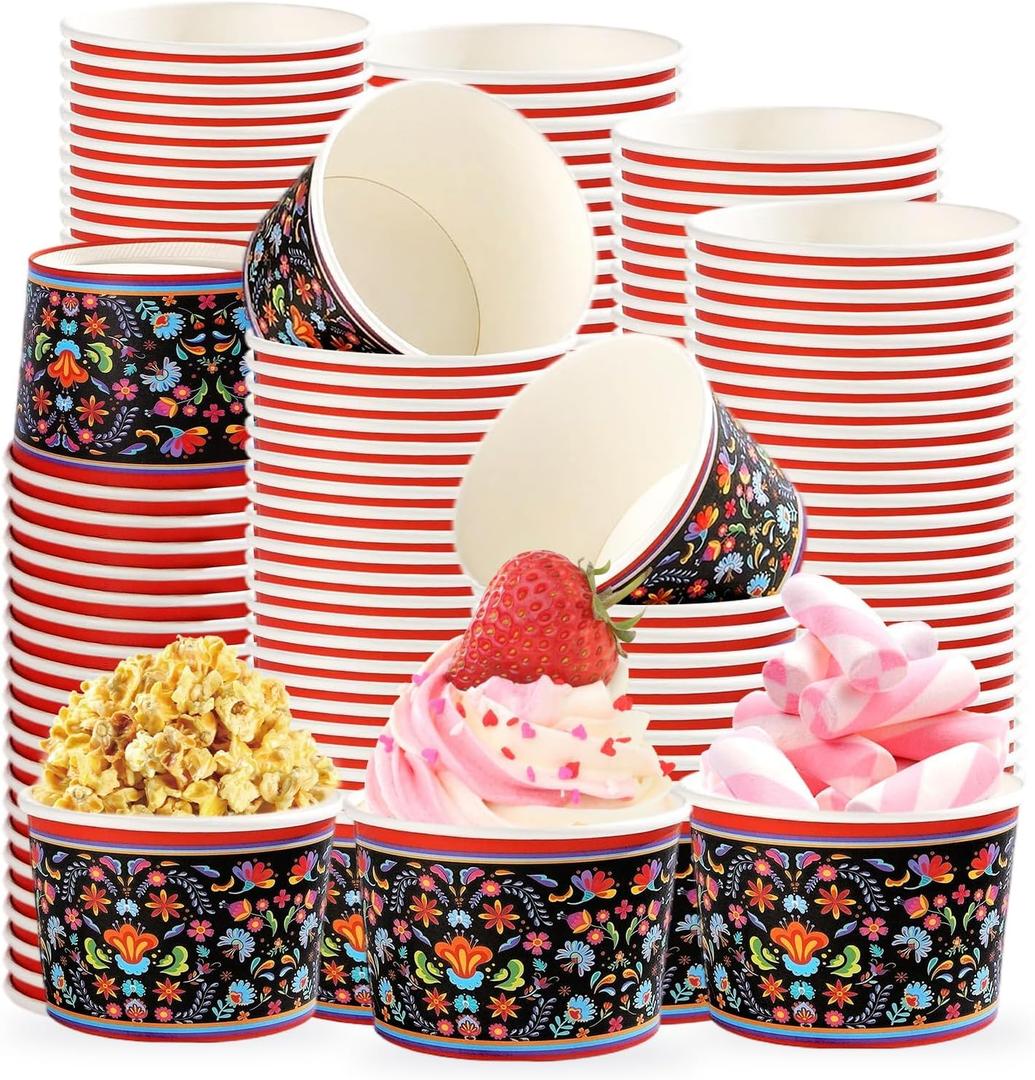 120 Pcs Mexican Ice Cream Cups 12 oz Disposable Mexican Floral Cinco De Mayo Paper Dessert Snack Bowls Fiesta Mandala Flower Paper Cups for Cinco De Mayo Mexico Birthday Party Supplies
