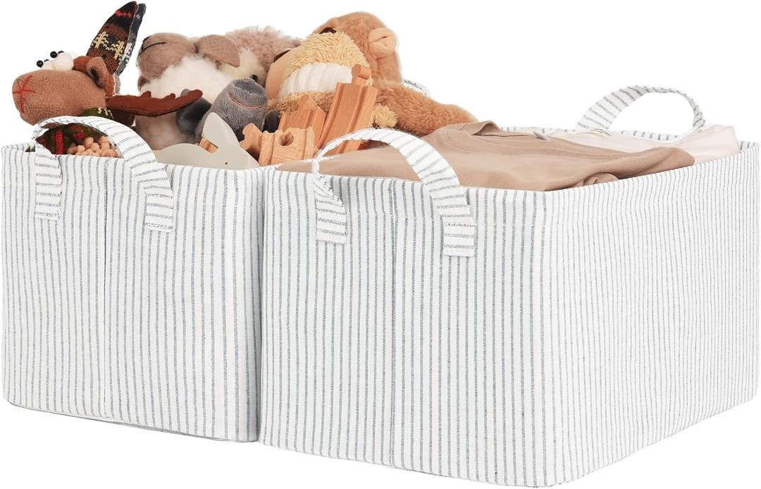 StorageWorks Storage Bins, Shelves Baskets for Organizing, Fabric Closet Organizers with Handles, Metal Frame, Gray and White Stripes, 2-Pack (14 " L x 10 " W x 8 " H)