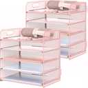 2 Pack Letter Tray 5-Tier Desk Organizer File Paper Holder with Handle, Metal Desktop Document Shelf Tray Office Classroom Organization - Pink