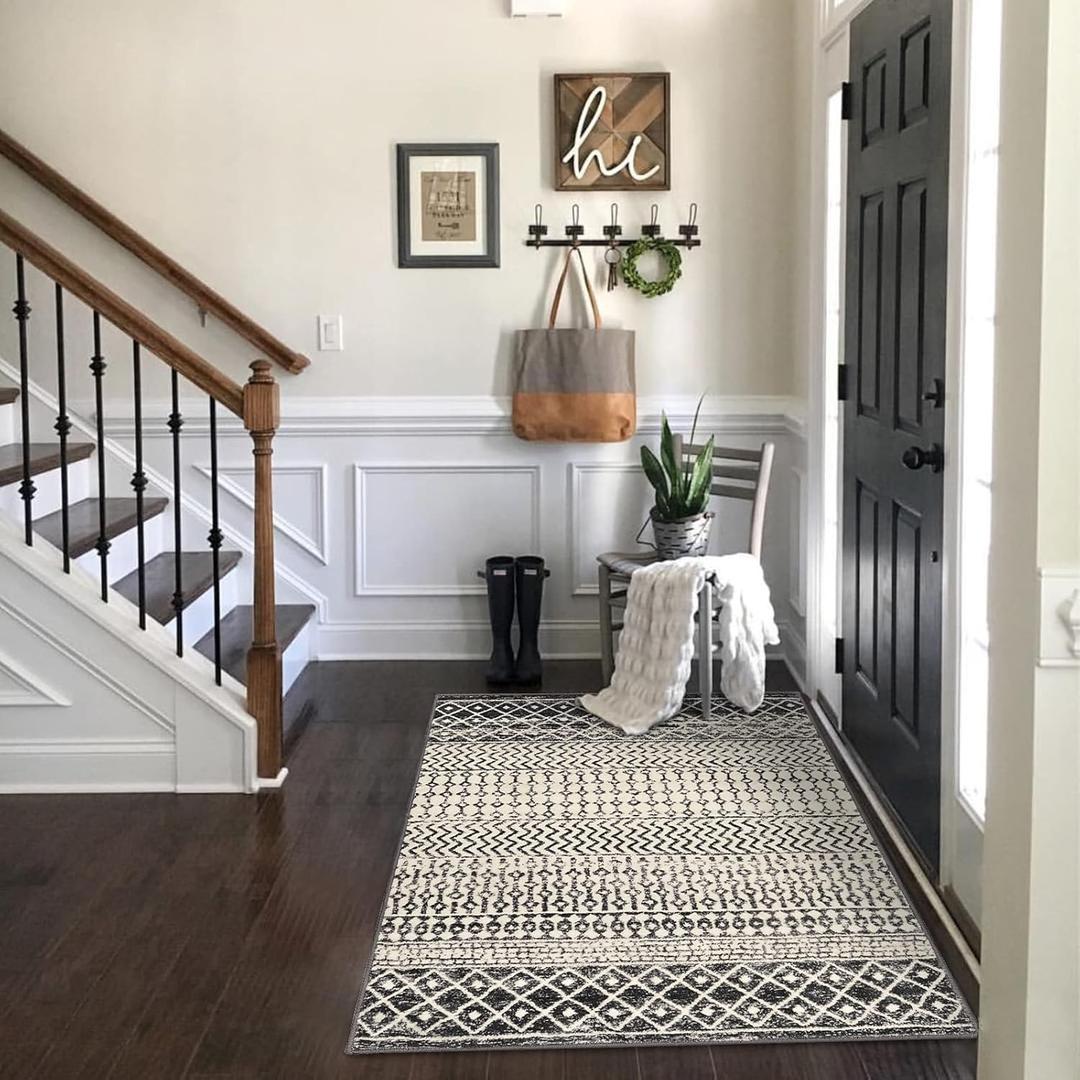 3x5 Rug for Living Room, Ultra Soft Non Slip Moroccan Washable Rug, Distressed Entryway Rugs, Low-Pile Throw Carpet Black Rugs for Bedroom Kitchen Living Room Dinning Room