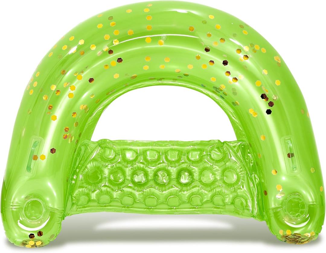 POZA Inflatable Pool Float Chair - Luxurious Lounger Filled with Sparkle Confetti, 2 Built in Cup Holders & Handles, Water Floating Chair for Beach, Lake & Swimming Pool - 48 x 38 Inch (Green)