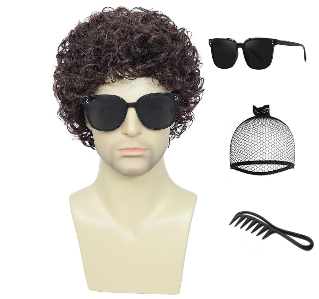 Adequate Mens Short Afro Curly Wig for Male70s 80s Disco Guy Rocker wigs,Halloween Cosplay Fancy Wigs for Daily Party Costume (Dark Brown)