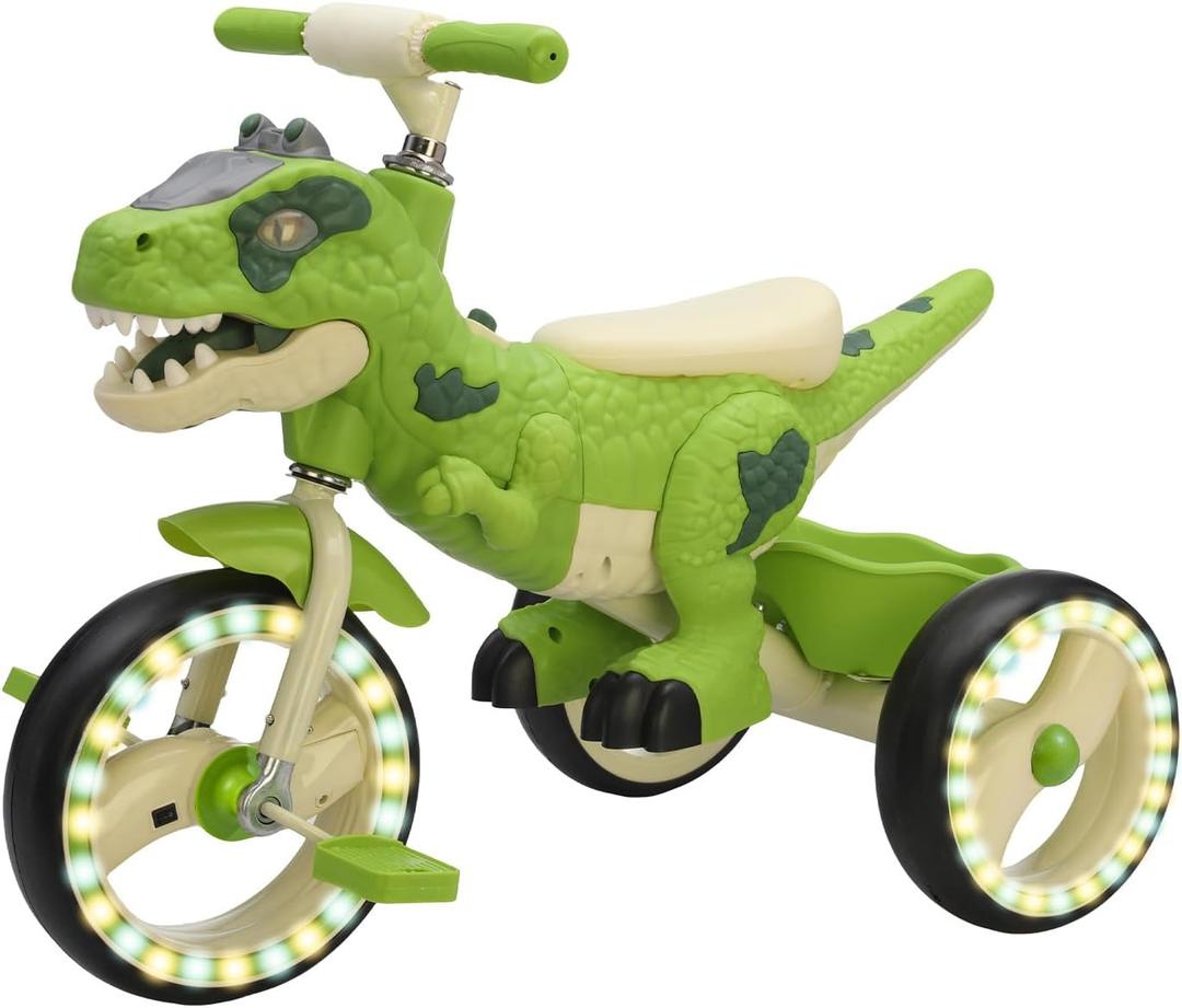 Dinosaur Kids Tricycle, Toddler Bike with Music, Lights, Storage Basket, Big Light-Up Wheels, Indoor Outdoor Trike, Best Gift for Boys Girls Ages 3-6, Preschool Kids Tricycle (Green+Lights)