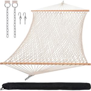 SUNCREAT Hammocks Traditional Rope Double Hammock with Hardwood Spreader Bar and Carrying Bag, 450 lbs Capacity, Natural (Beige)