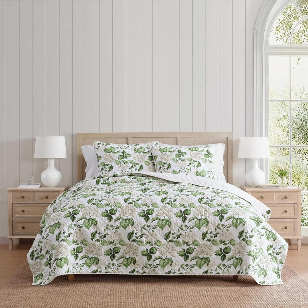 Martha Stewart - King Quilt Set, 100% Soft Cotton Floral Bedding for Year Round Comfort, 3 Piece Bed Set with Matching Pillowcases (Hydrangea Floral Beige)