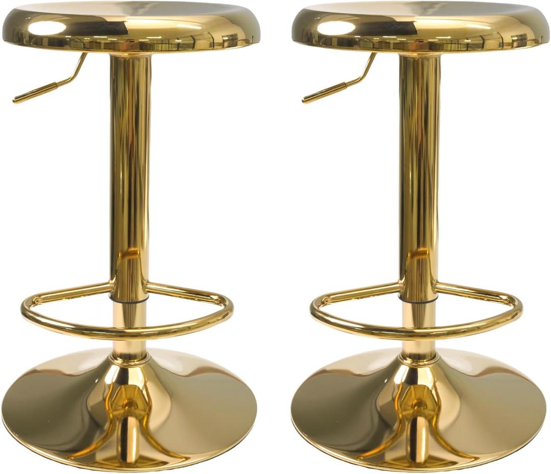 Adjustable Bar Stools Set of 2, Backless Swivel Round Counter & Bar Height Chairs, Modern Gold Metal Frame Barstools for Kitchen Island, Dining Room, Home Bar, Gold