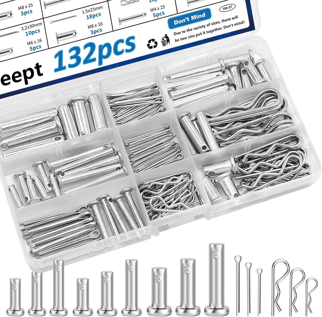 132Pcs Clevis Pins 304 Stainless Steel Cotter Pin Hair Pin Carbon Steel Single Hole Clevis Pin for Trailer Latch Cotter Pin Hair Pin Clevis Pin Assortment Kit