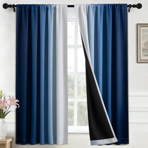 Yakamok 100% Blackout Curtains 63 inches Long, Room Darkening Blue and Greyish White Curtains Ombre for Bedroom,Gradient Rod Pocket Window Curtains for Living Room,2 Panels,52x63 inch