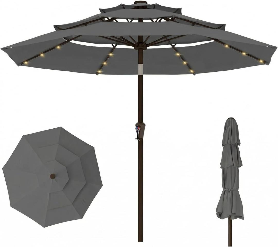 10ft 3-Tier Patio Umbrella with 32 Solar Powered LED Lights, Windproof Outdoor Market Umbrella for Deck, Poolside & Garden, Sturdy Push-Button Tilt Table Umbrella, Gray