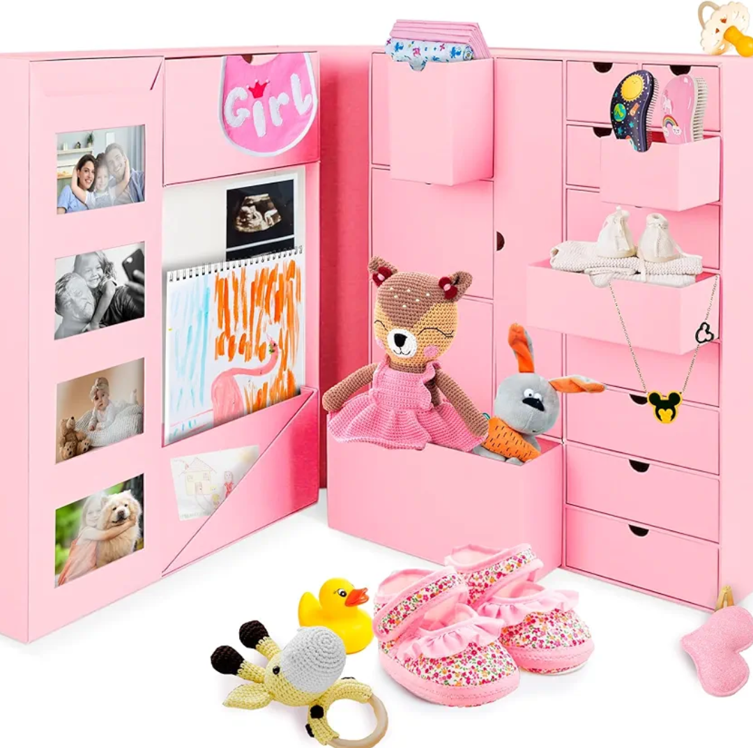 Baby Keepsake Box - Baby Memory Box - Baby Boy Girl Keepsake Box Tins Memory Box Pregnancy Baby Bubbs Storage Box Baby First Year Box Library Baby All-in-One Organizer, Pink