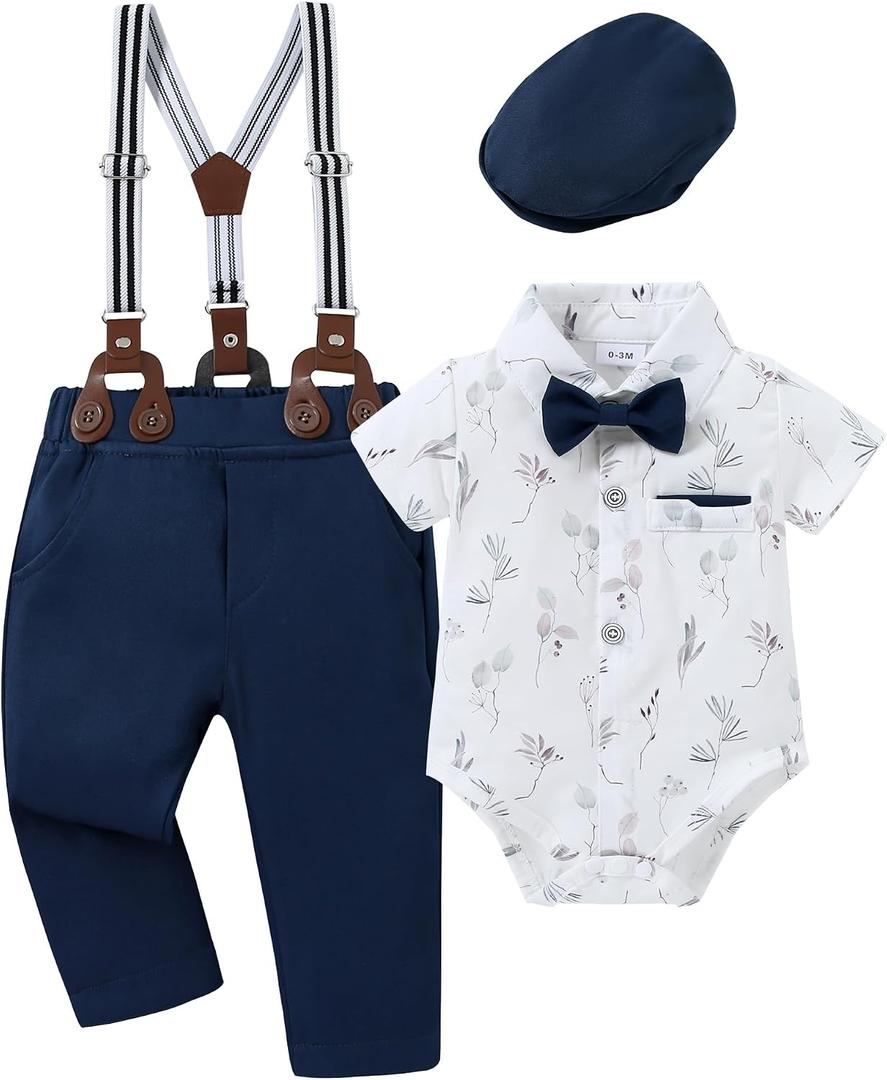 CARETOO Baby Boy Clothes Suit Infant Gentleman Boy Outfits Dress Shirt/Bowtie/Suspender Pants Set 0-18 Months (Black)