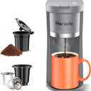 Small Single Serve Coffee Maker, Fast Brew One Cup Coffee Machine for K Cup and Grounds, 6 to 12 oz. Brew Sizes, Capsule Coffee Machine with Descaling Reminder and Viewing Tank, Grey (9.45 Inches)