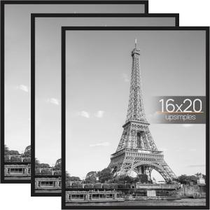 Upsimples 16x20 Picture Frame Black 3 Pack, Scratch-Proof Poster Frames 16 x 20 for Photo Gallery - Slide-In Strips, Horizontal or Vertical Wall Mounting