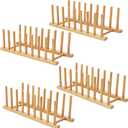 HBlife 4pcs Bamboo Dish Plate Bowl Cup Book Pot Lid Cutting Board Drying Rack Stand Drainer Storage Holder Organizer Kitchen Cabinet (Keep Dry)