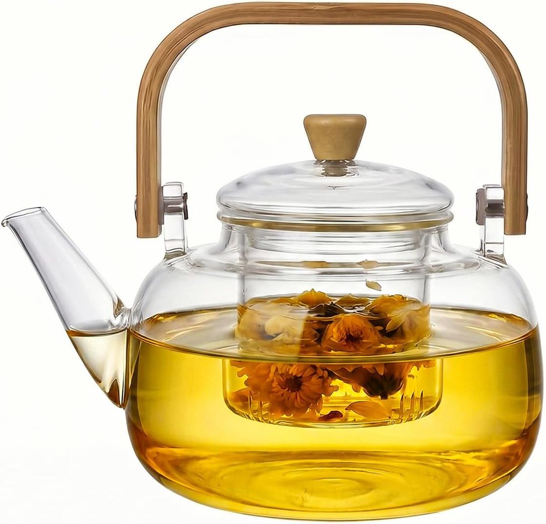 1500ml (50.72oz) Borosilicate Glass Teapot with Wooden Handle, Stovetop Safe Large Tea Kettle with Removable Glass Infuser for Blooming Tea & Loose Leaf Tea
