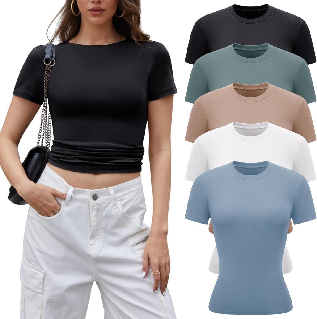 BVNSOZ 3-5 Pack Womens T Shirts Short Sleeve Basic Tops for Women Crew Neck Fitted Tops Fashion Tight Shirts for Women (Medium, 5 Pack Black,white,nude,dark Blue,olive Green)