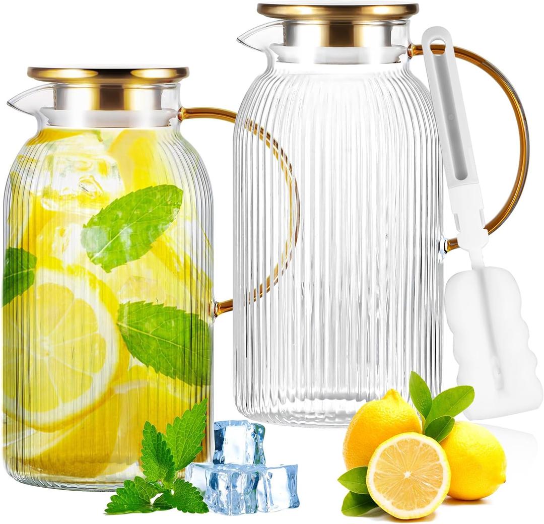 Glass Pitcher with Lid,2 PACK 64 oz/1.9 Liter Stripes for Fridge,Iced Tea,Cold Brew,Sangria,Lemonade,Heat Resistant Borosilicate Water Jug for Hot/Cold Drinks and Milk,Glass Water Carafe