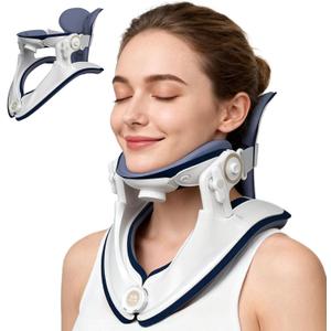 Cervical Traction Device, Adjustable Neck Stretcher for Pain Relief, Lightweight Neck Support Brace for Cervical Spine Decompression, Ergonomic Design for Home, Office & Travel Use (White Blue)