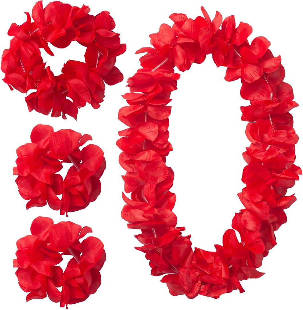 Hawaiian Party Flower Leis Luau Wreath Set, Red Hawaiian Leis for Graduation Party, Dance Party, Photo Prop in Outdoors (Red)