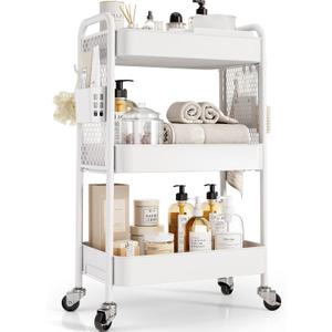 TOOLF 3 Tier Rolling Cart Storage Organizer, Metal Rolling Utility Cart with Wheels, Hooks & Bins Esthetician Craft Art Sturdy Storage with Pegboard for Bathroom, Kitchen, Office, Nursery Diaper (White)