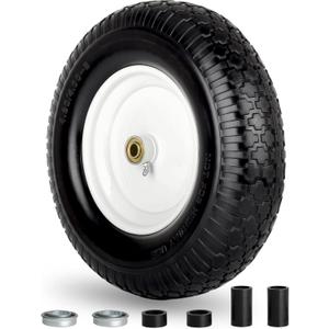 4.80/4.00-8" Wheelbarrow Tire, 16" Flat-Free Solid Tire and Wheel, 3-6" Centered Hub, 5/8" & 3/4" Bearing, For Broadcast Spreader Garden Wagon Cart Trolley Dolly Lawn Mover (1 Pack)